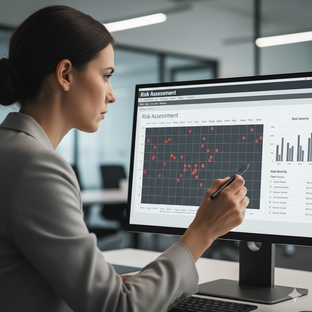 A close-up of a person analyzing a complex chart or graph, identifying a potential risk.