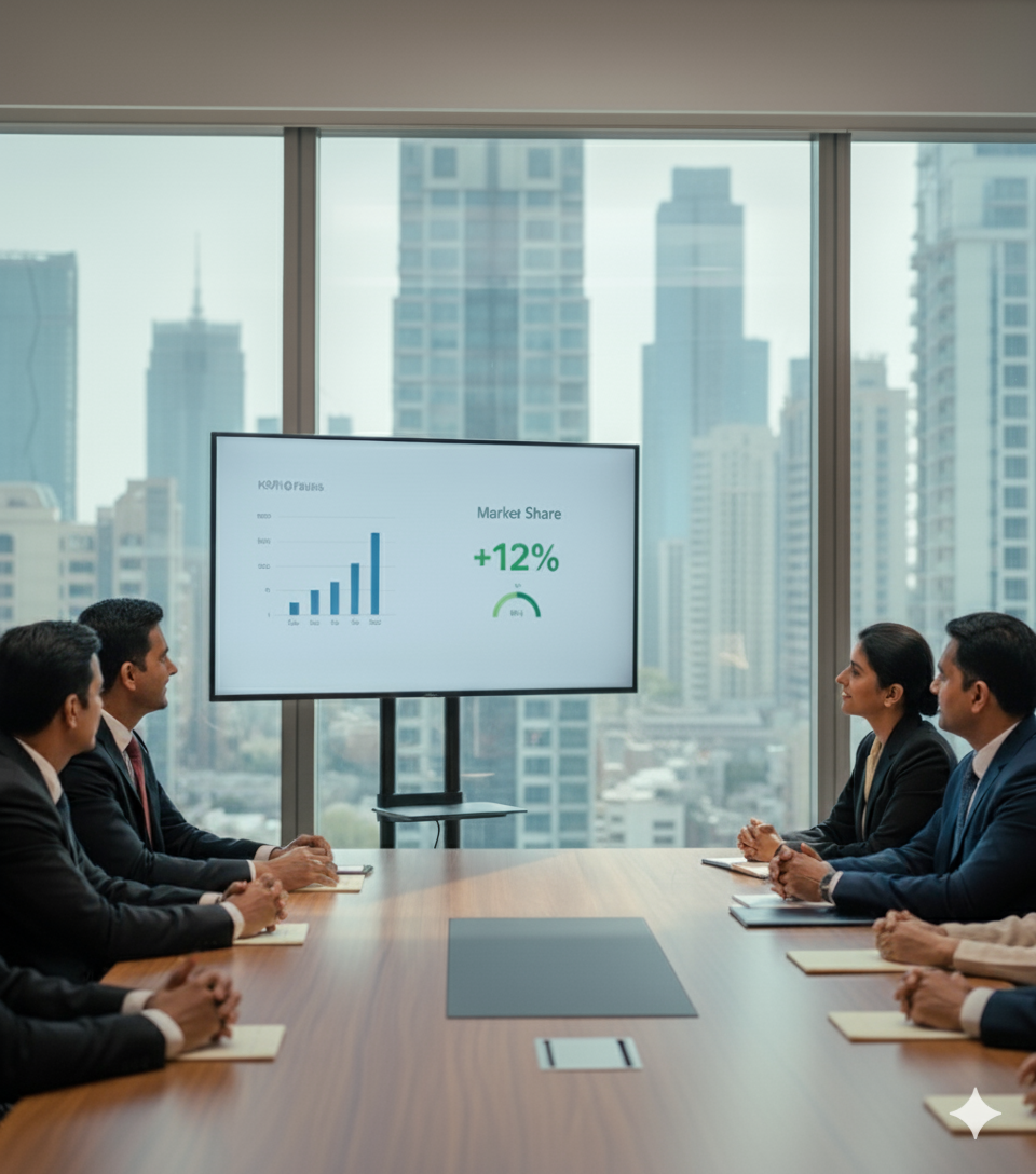 A professional presenting a clear, impactful data dashboard to executives in a modern boardroom.